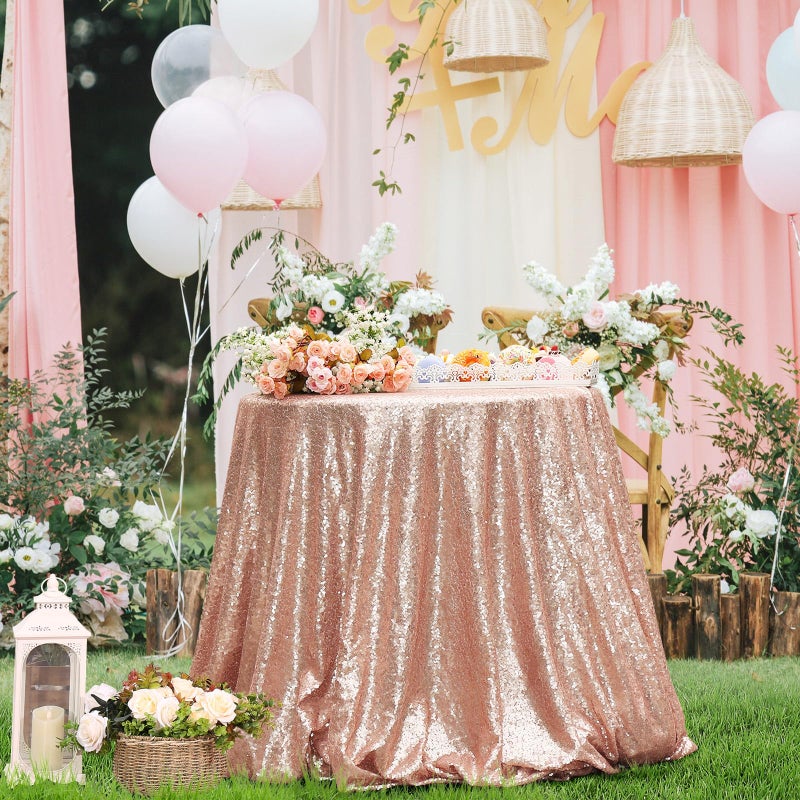 PartyDelight 50" Round Rose Gold Sequin Tablecloth High-Density 3mm Stitched Sequins Shimmering Table Overlay for Small Bistro Tables, Cake Displays & Party Decor - Image 4